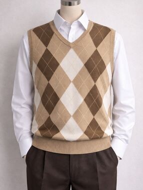 Oscar de la Renta Argyle Sweater Vest Men L Beige Classic Knit